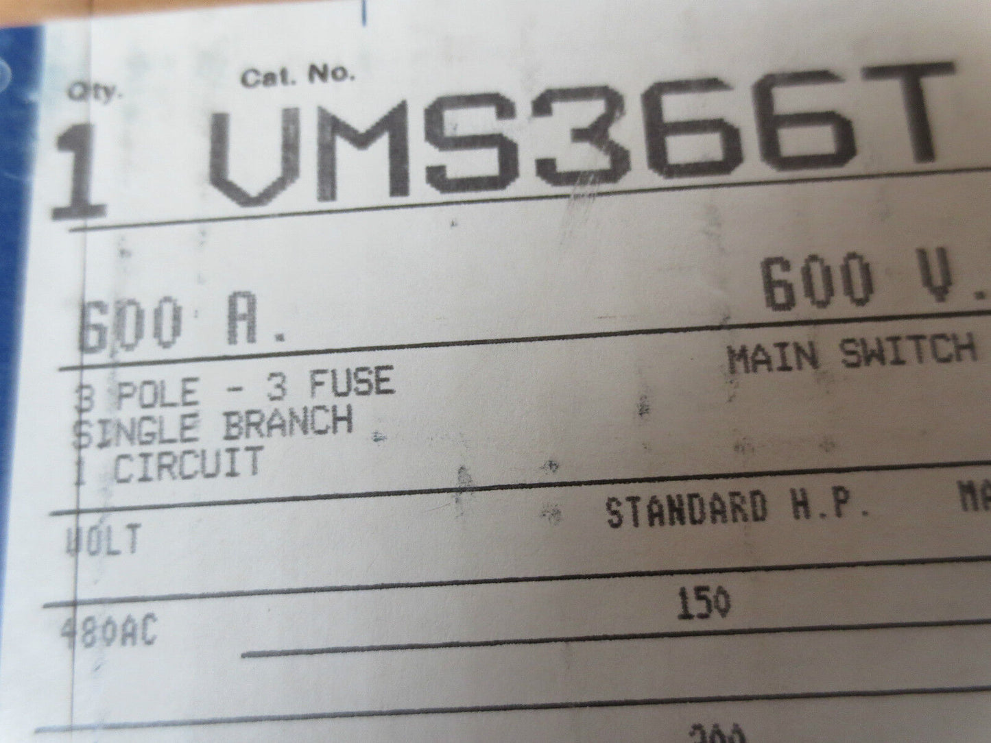 ITE SIEMENS VMS366T PANELBOARD UNIT FUSIBLE SWITCH 600A 600V MAIN SWITCH - NEW