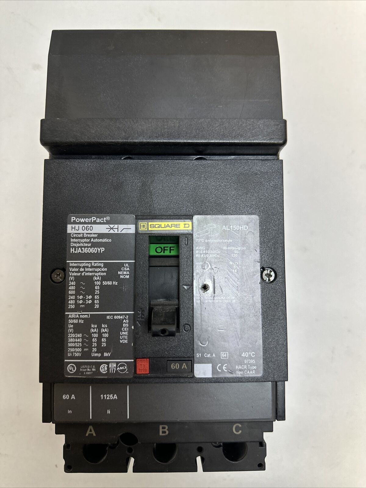 SQUARE D HJA36060YP POWER PACT CIRCUIT BREAKER 60A 600VAC 250VDC 3POLE