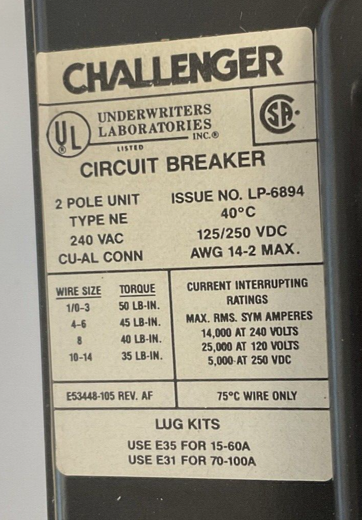 CHALLENGER NE 20A CIRCUIT BREAKER 240VAC 125/250VDC 2POLE