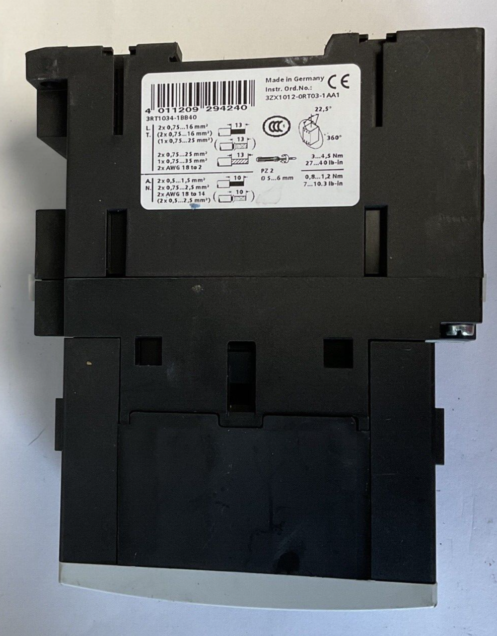 SIEMENS 3RT1034-1BB40 CONTACTOR 50/60HZ 45A 600VAC