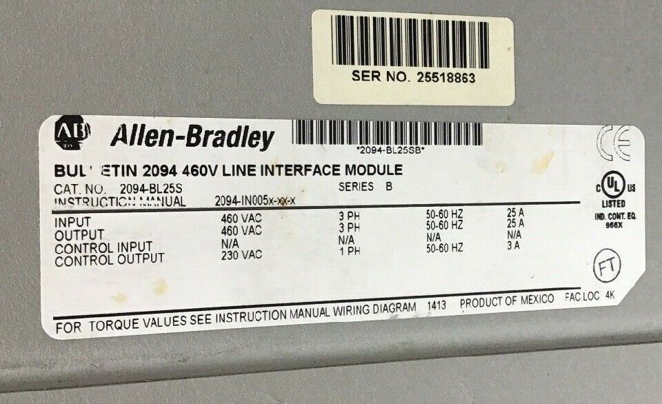 ALLEN BRADLEY 2094-BL25S LINE INTERFACE MODULE SER.B 460VAC 3PH 50-60HZ 25A