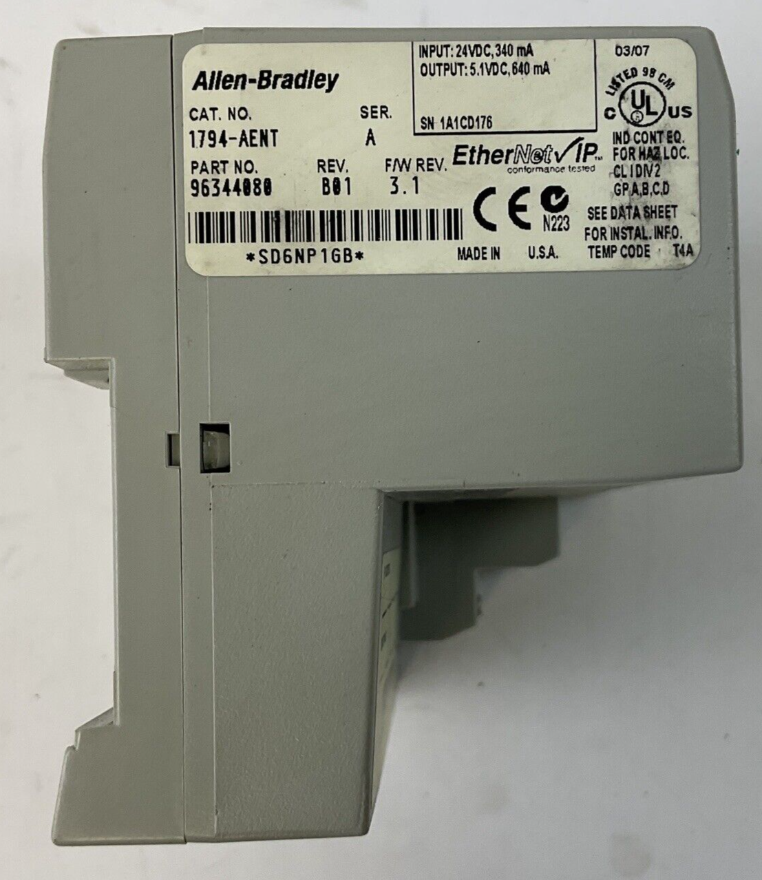 ALLEN BRADLEY 1794-AENT SER A REV B01 F/W REV 3.1 FLEX I/O ETHERNET/IP 10/100