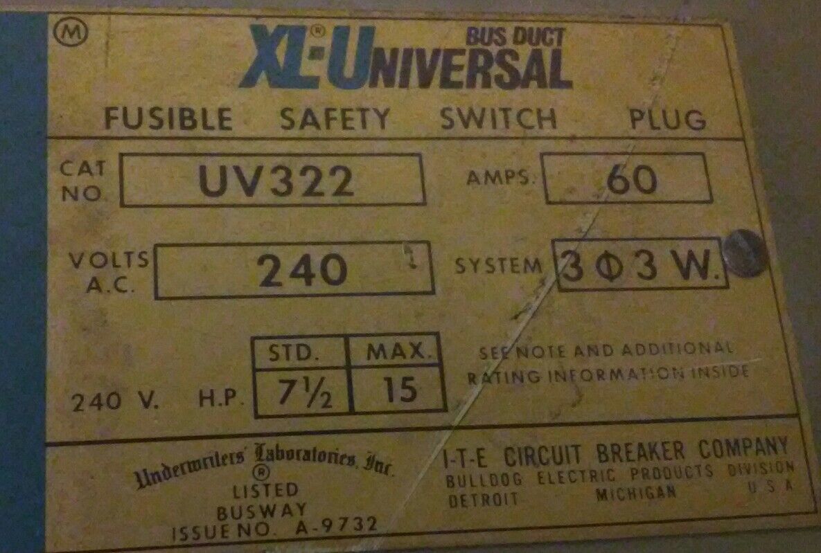 Siemens I-T-E XL-Universal Fusible Safety Switch Plug - UV322 - 60A 3ph 3W 240V