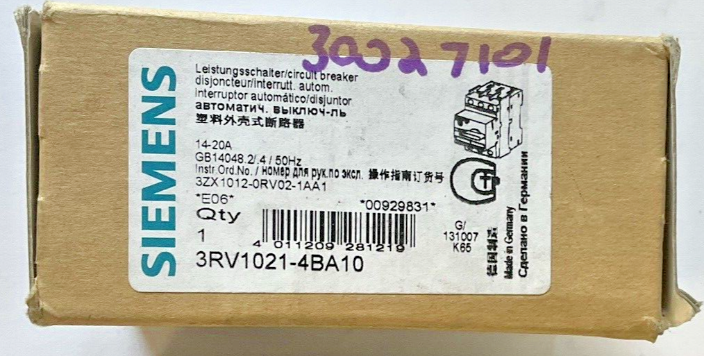 SIEMENS 3RV1021-4BA10 MOTOR CONTROL 14-20A