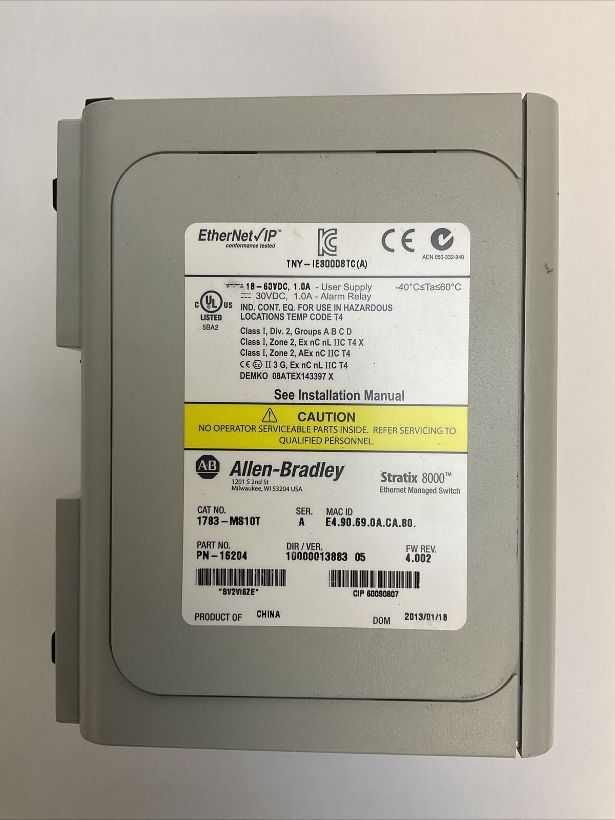 ALLEN BRADLEY 1783-MS10T SER A DIR/VER 10000013883 05 FW REV 4.002 STRATIX 8000