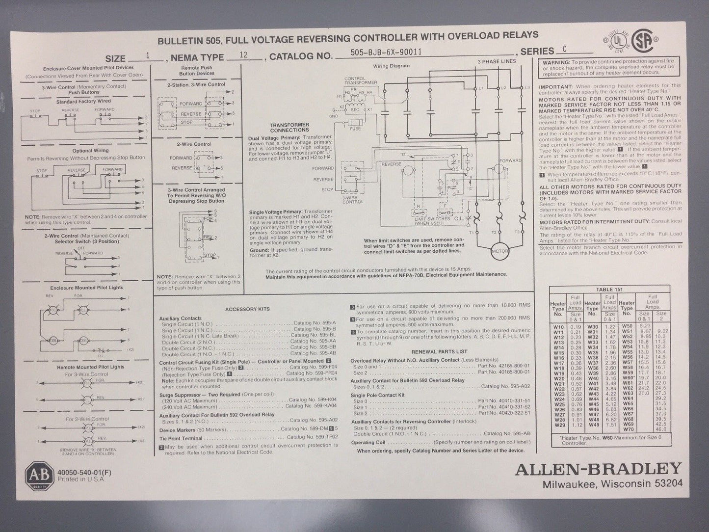 ALLEN BRADLEY 505-BJB-6X-90011 FULL VOLTAGE REVERSING STARTER 115-120V 60HZ
