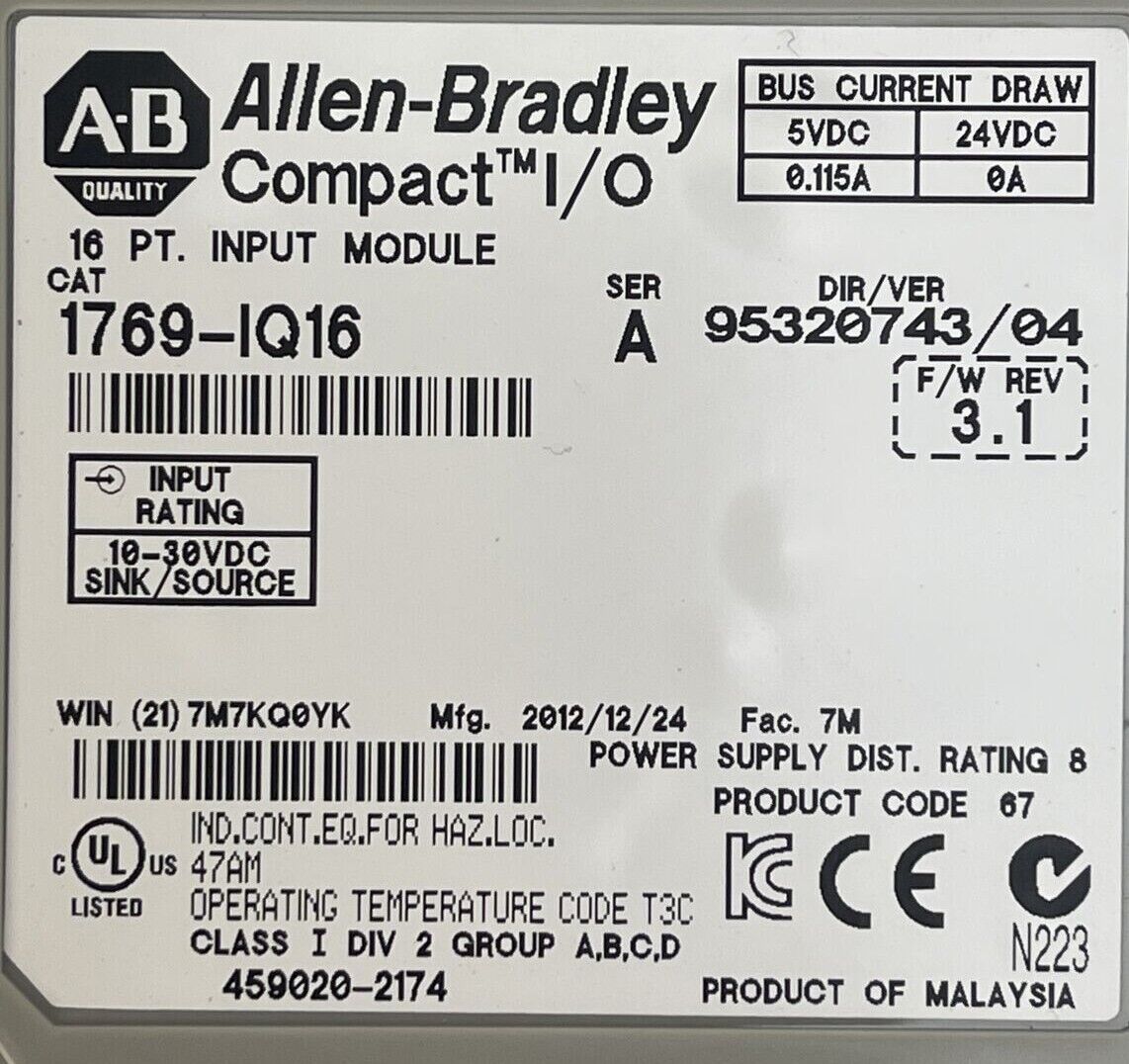 ALLEN BRADLEY 1769-IQ16 SER A F/W REV 3.1 DIR/VER 95320743/04 COMPACT I/O 16PT