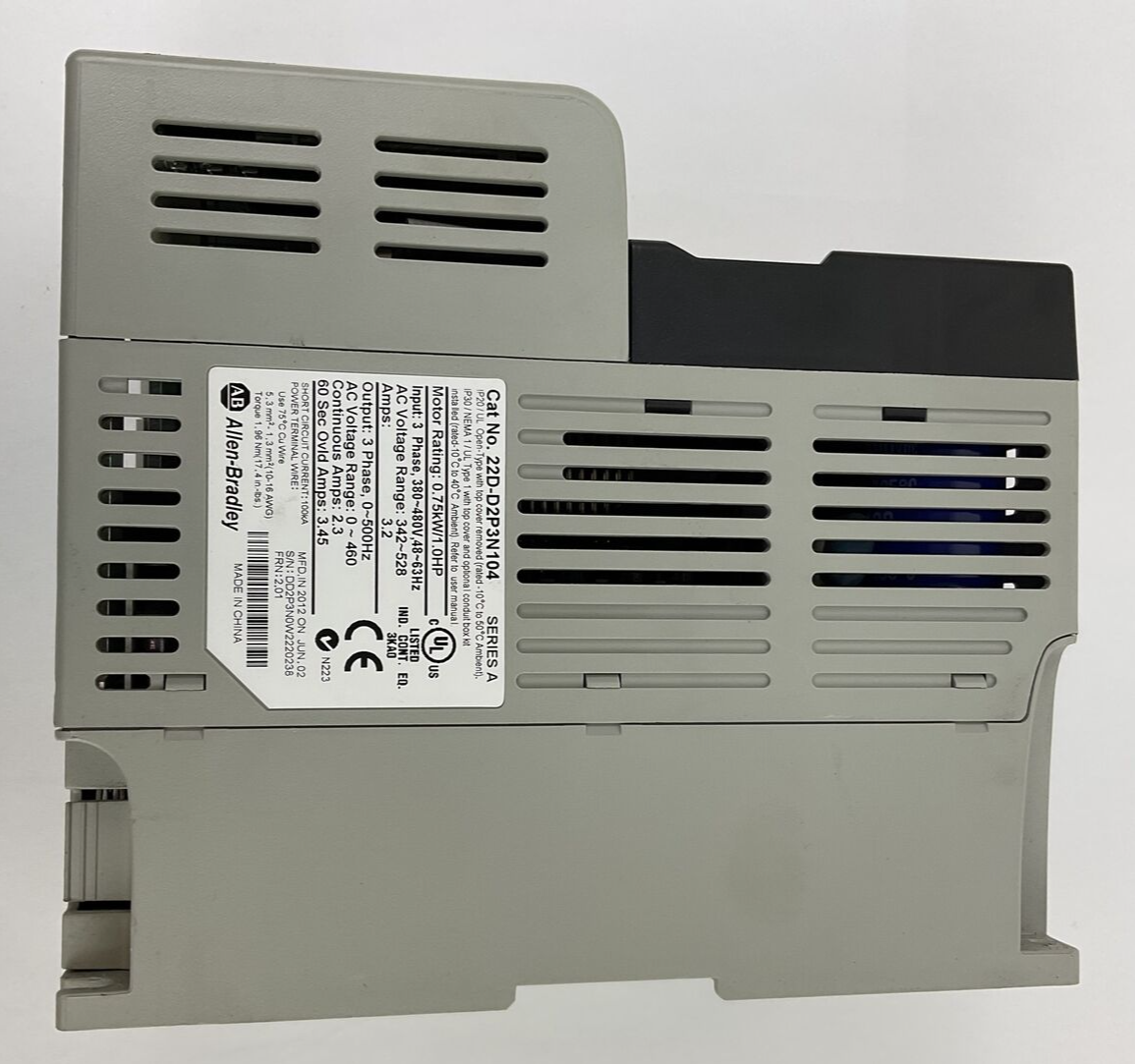 ALLEN BRADLEY 22D-D2P3N104 POWERFLEX 40P 3PHASE 3.2A FRN:2.01 SER.A 1HP