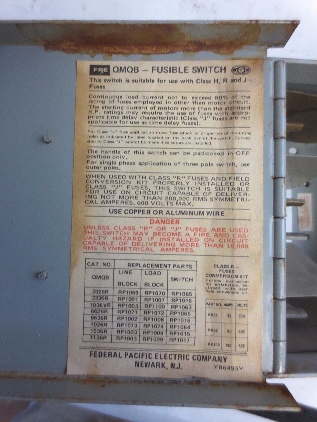 FPE / FEDERAL PACIFIC QMQB-3336R TWIN PANEL SWITCH - 480/600VAC, 30A, 3-POLE