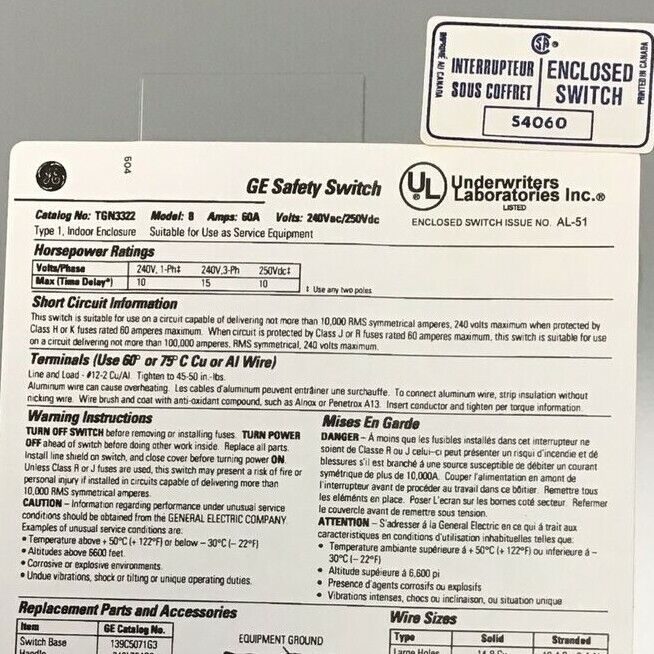 GE TGN3322 SAFETY SWITCH MODEL 8 240VAC/250VDC 60A TYPE 1 NON FUSIBLE 15HP