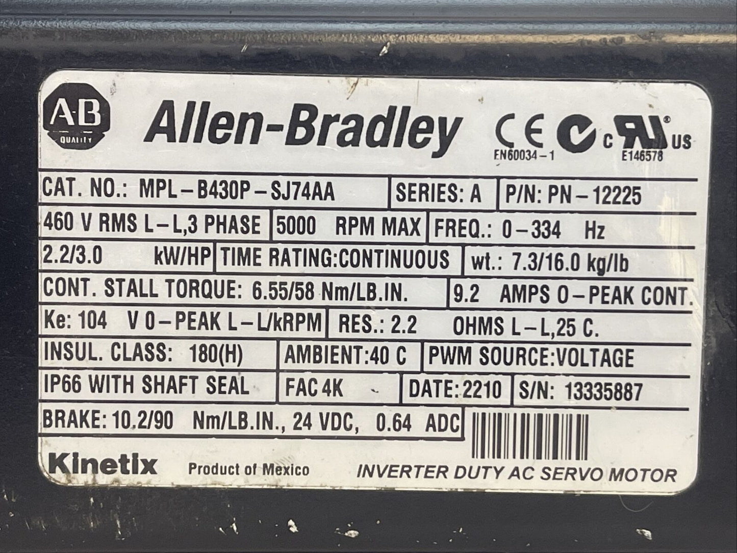 ALLEN BRADLEY MPL-B430P-SJ72AA SERVO MOTOR SER A 5000RPM 2.2/3.0 kW/HP 9.2AMP