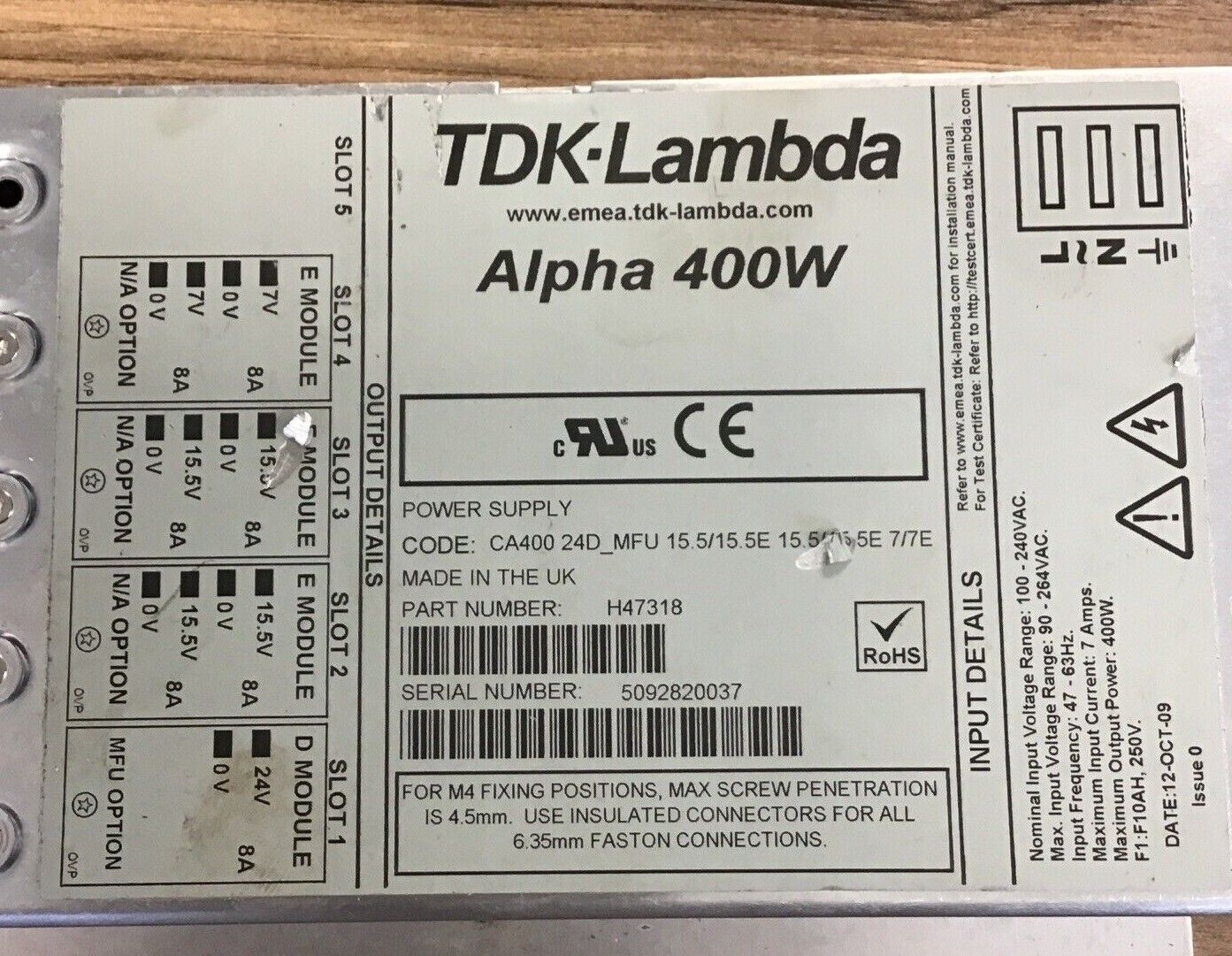 TDK-LAMBDA ALPHA 400W H47318 POWER SUPPLY 264VAC 47-63HZ