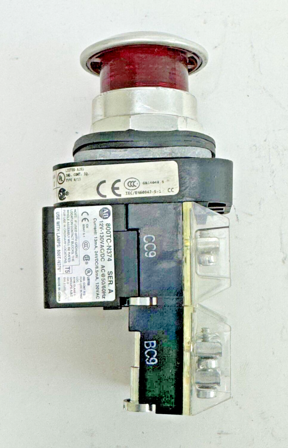 ALLEN-BRADLEY - 800T-FXTQH2RA5 SER. U - RED MUSHROOM PUSH/PULL BUTTON W/ BLOCK