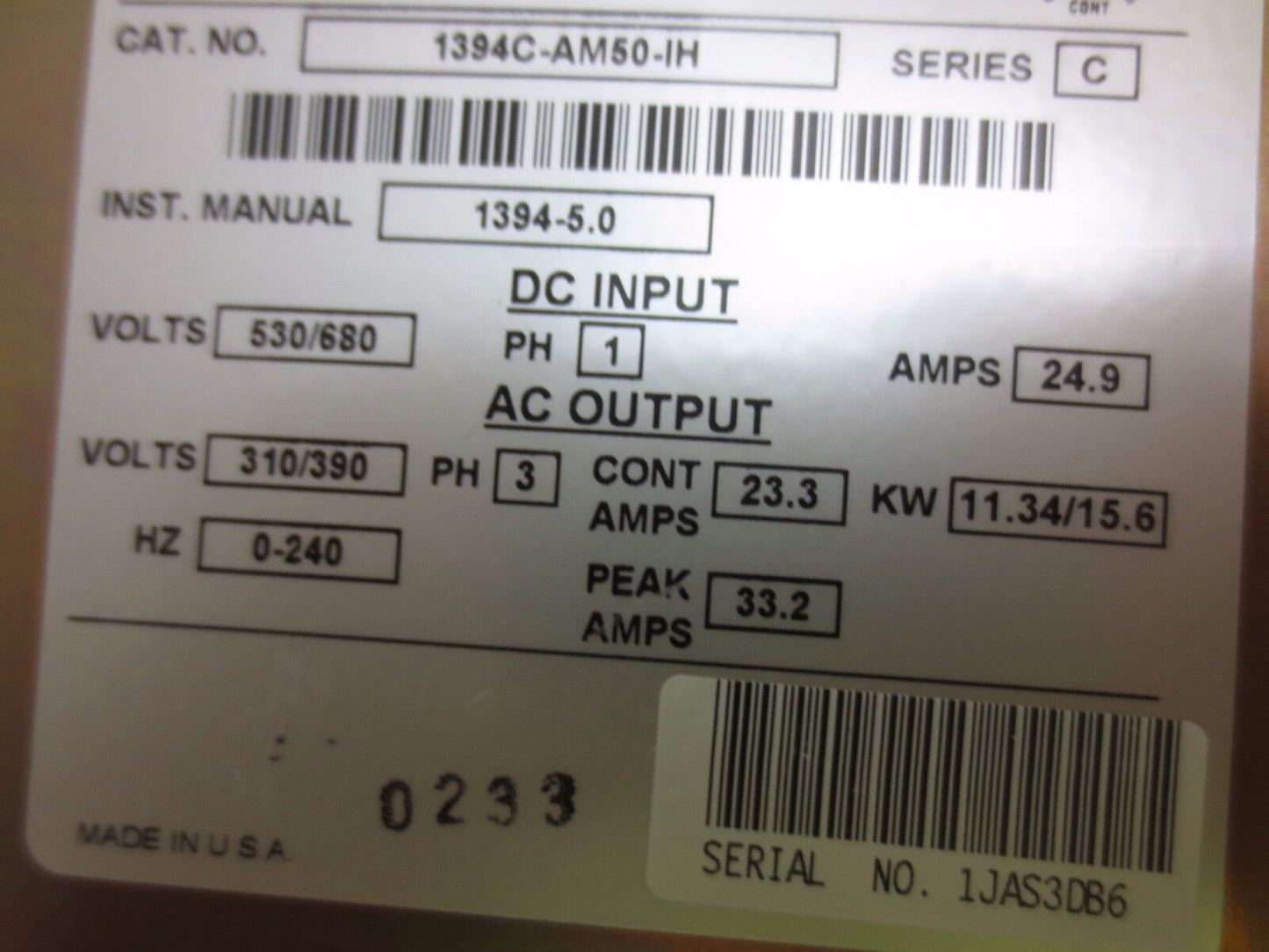 ALLEN-BRADLEY 1394C-AM50-1H Ser. C - AC SERVO CONTROLLER AXIS MODULE, 10KW