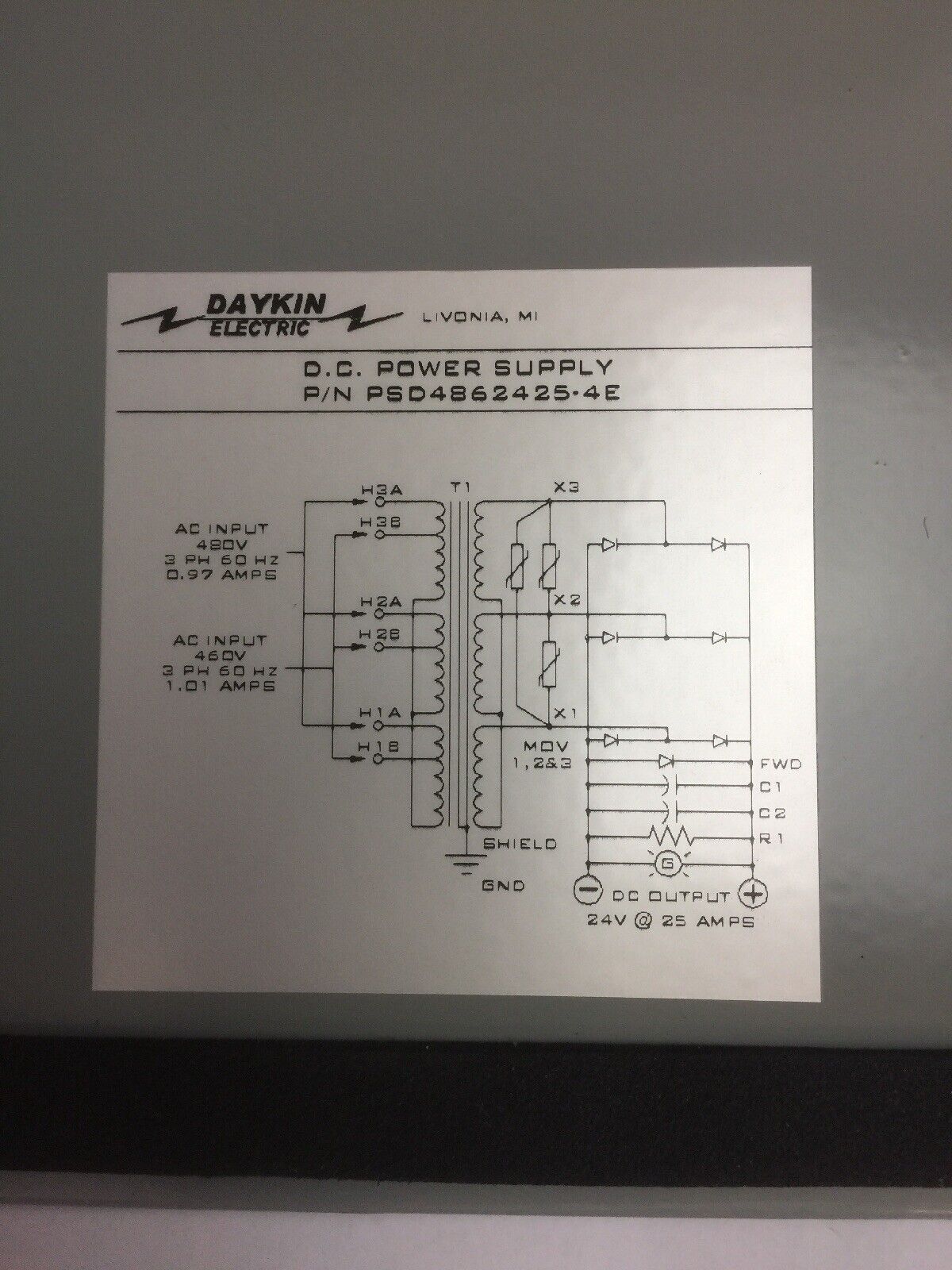 DAYKIN ELECTRIC PSD4862425-4E 24 VOLT DC POWER SUPPLY
