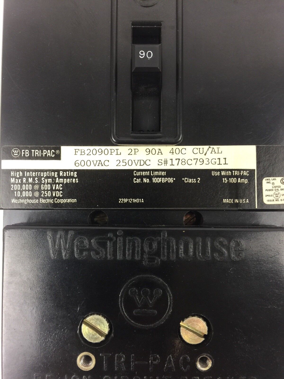 WESTINGHOUSE FB2090PL TRI PAC CKT BRKR 2P 90A 40C 600 VAC 250 VDC