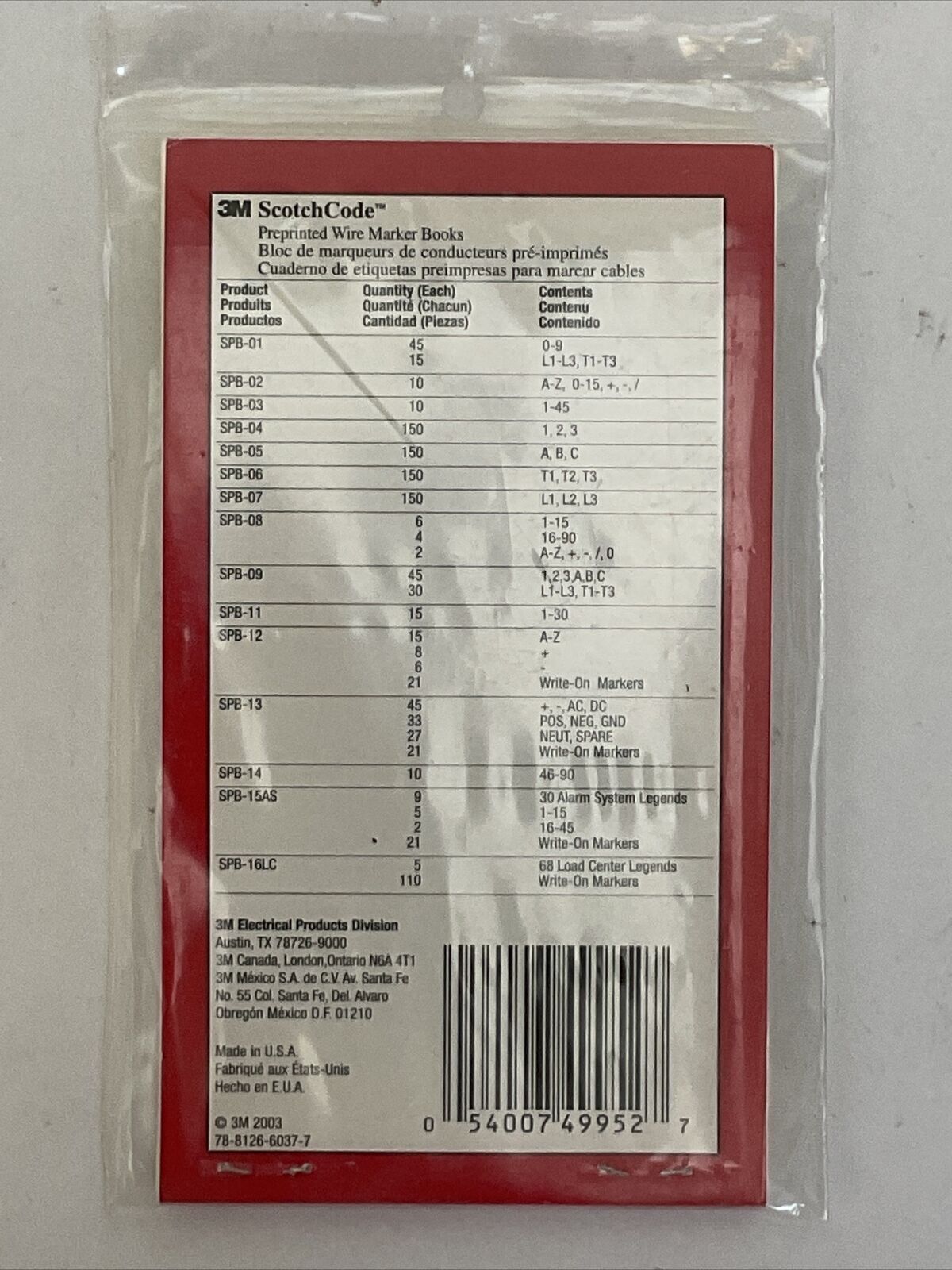 3M SPB-02 SCOTCH CODE PREPRINTED WIRE MARKER BOOK
