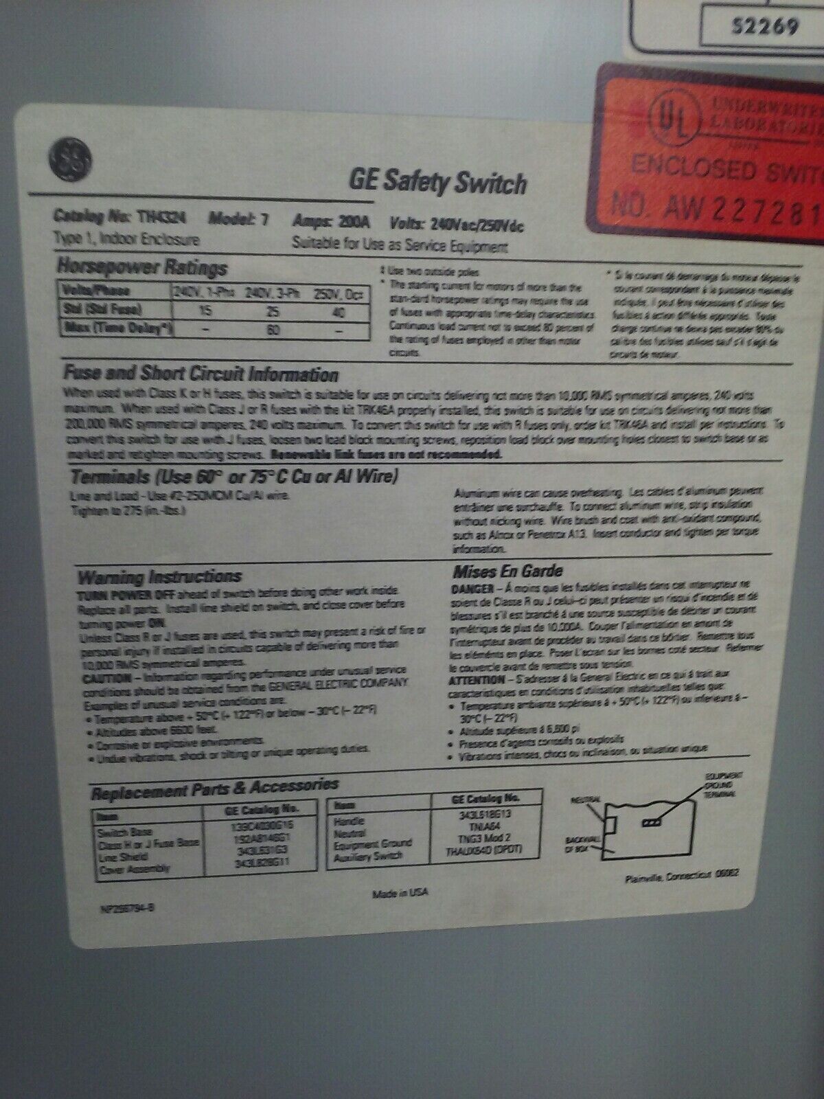 GE TH4324 MODEL 7 FUSIBLE SAFETY SWITCH 3P 200A 240V 60 TYPE 1 INDOOR ENCLOSURE