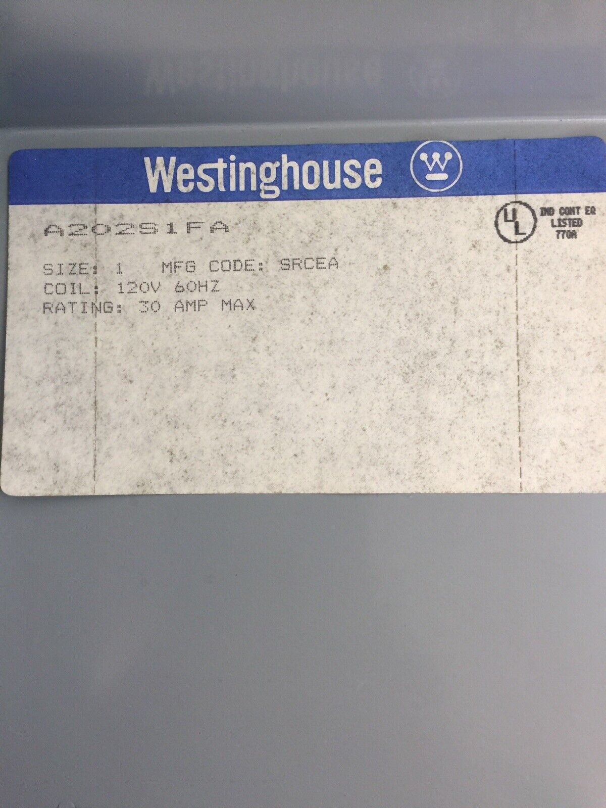WESTINGHOUSE A202S1FA A202K1FA AC LIGHTING CONTACTOR 30A MODEL J COIL 120V 60HZ