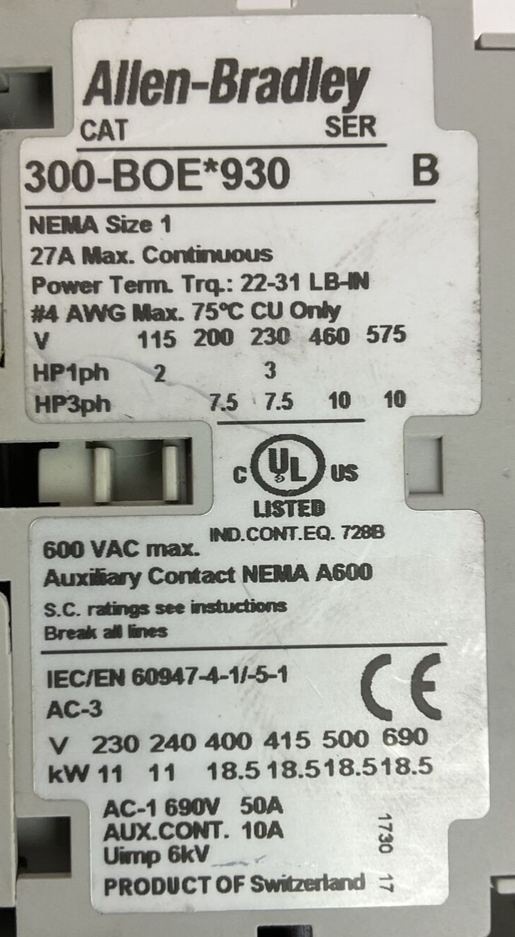 ALLEN BRADLEY STARTER (300-BOE*930 SER B 600VAC 27A 10HP+193-EEDD SER C+100-S)