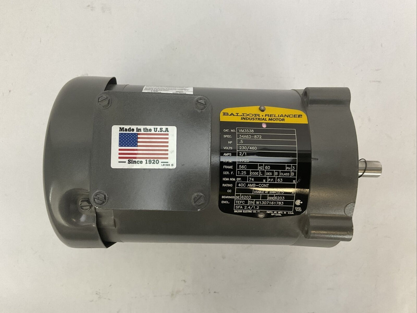 BALDOR RELIANCE VM3538 INDUSTRIAL MOTOR 0.5HP 230/460V 2/1AMP 1725RPM