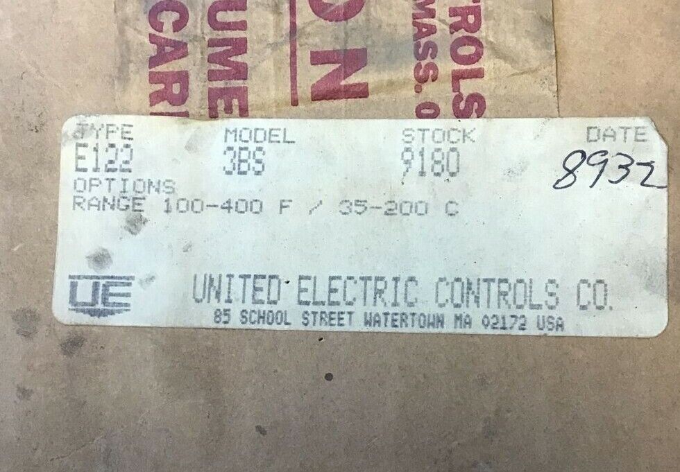 UNITED ELECTRIC CONTROLS TEMP SWITCH TYPE E122 MODEL 9180 3BS 100-400*F35-200*C