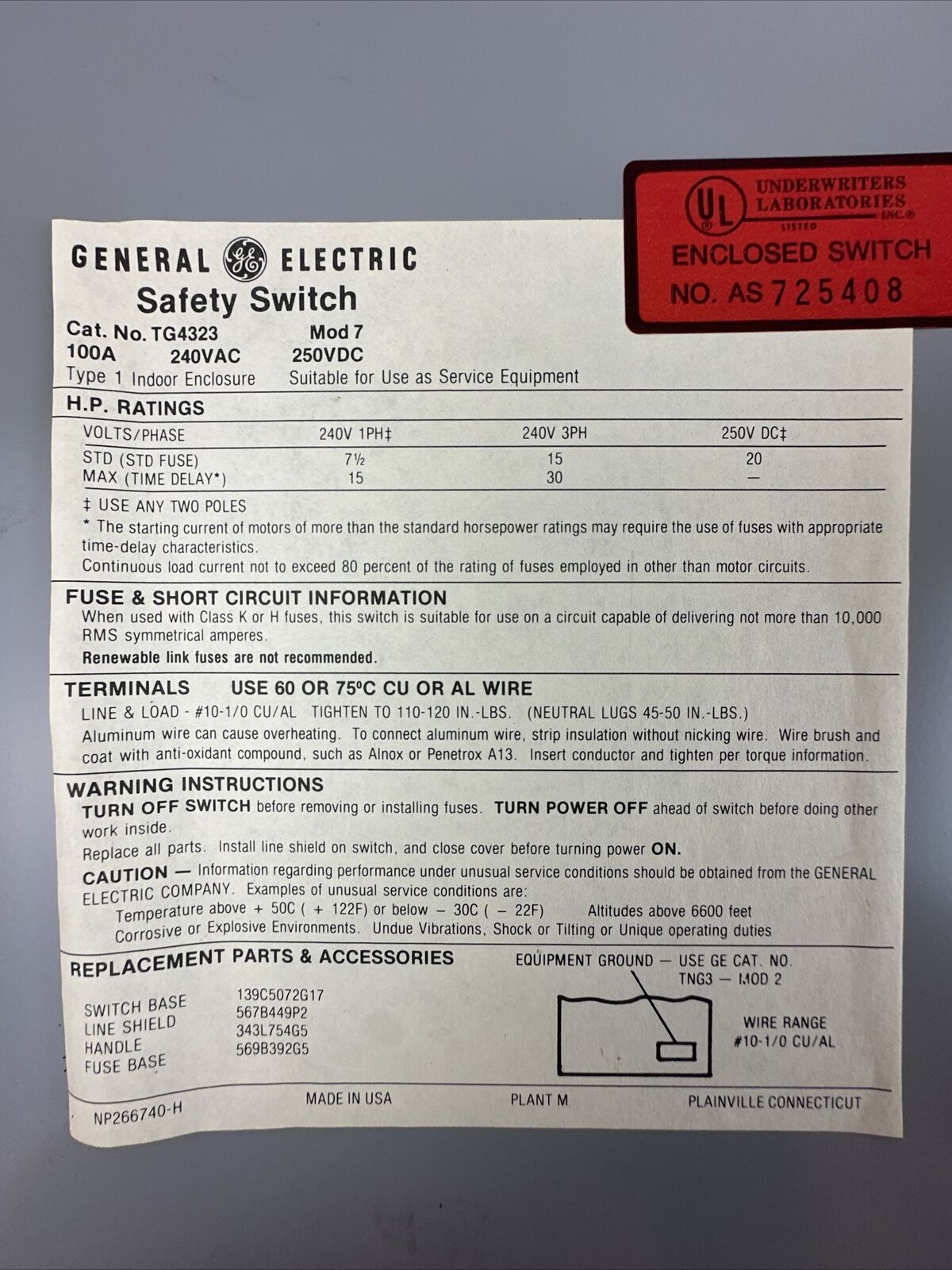 GE TG4323 FUSIBLE SAFETY SWITCH MOD 7 100A 240VAC 3PH 30HP 250VDC 20HP 3P TYPE 1