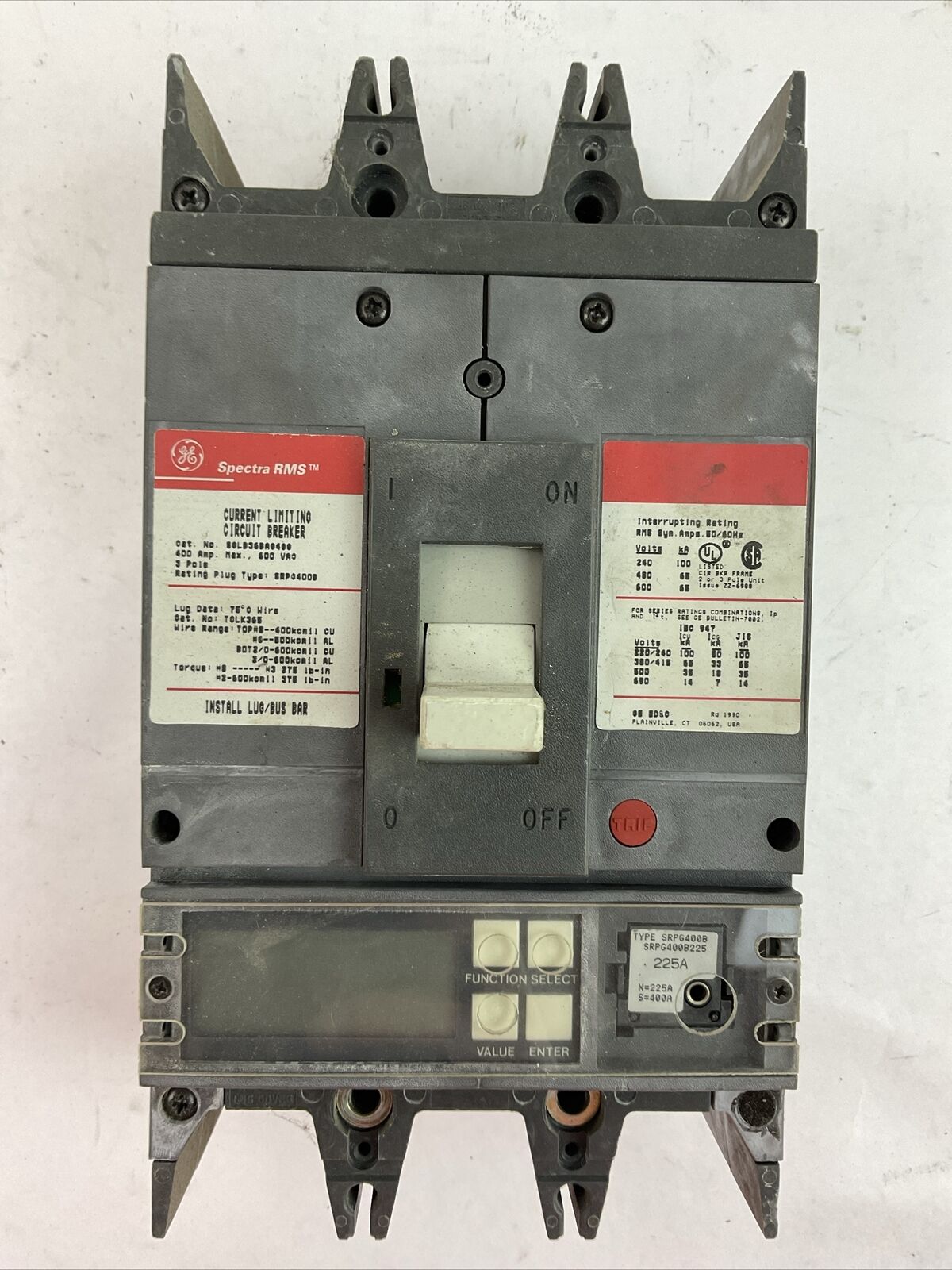 GE SGLB36BA0400 CURRENT LIMITING CIRCUIT BREAKER 400AMP 600VAC TRIP PLUG 225A