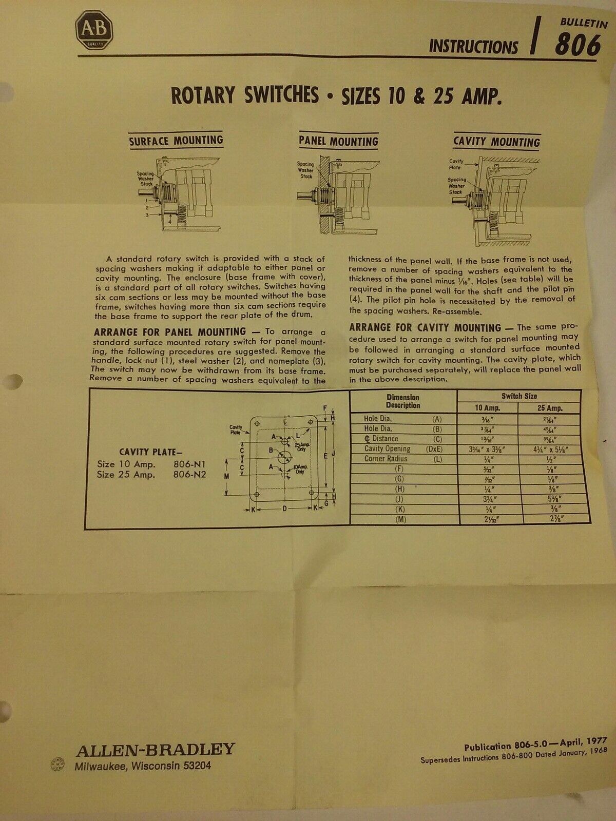 ALLEN BRADLEY J682862/7 ROTARY PILOT SWITCH, SIZE 10, 25A, 4 POSITION, 8 CIRCUIT