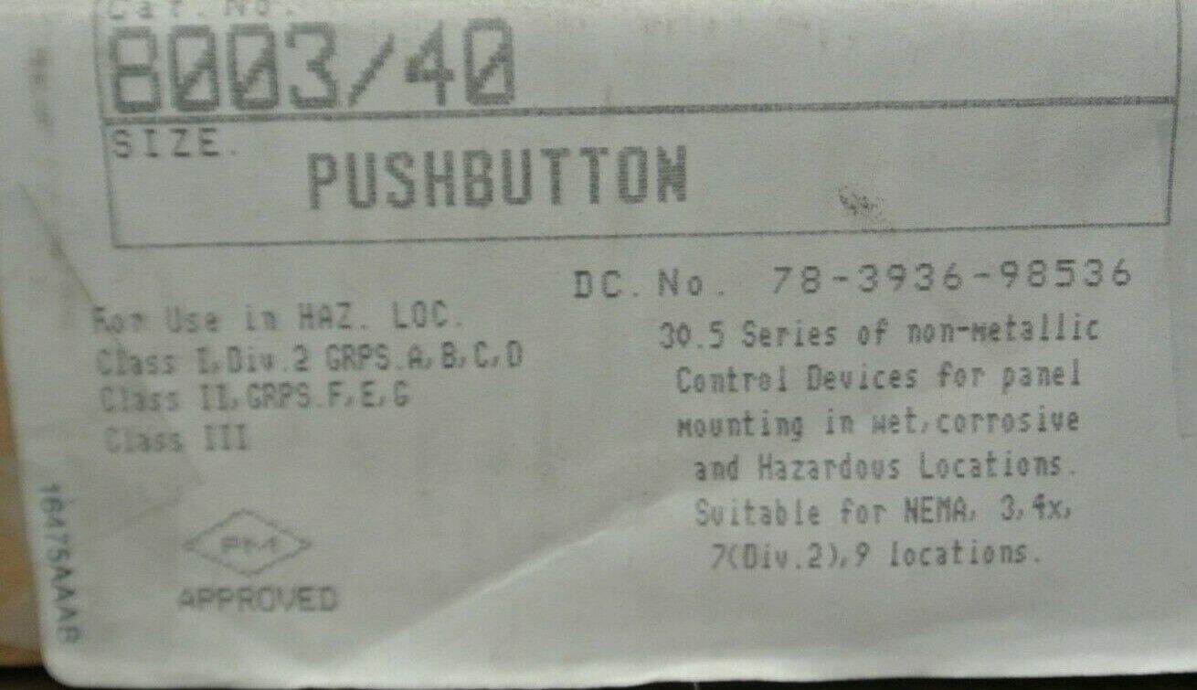 KILLARK 8003/40 PUSHBUTTON SWITCH / IEC 30.5 SERIES / 500V, 6A / NEW SURPLUS