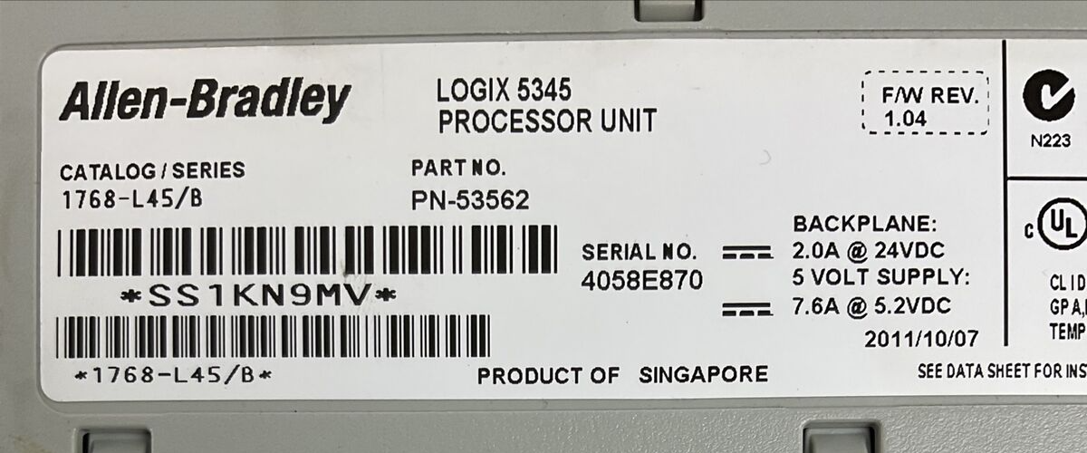 ALLEN BRADLEY 1768-L45 SER B F/W REV 1.04 LOGIX 5345 PROCESSOR UNIT 1768-L45/B