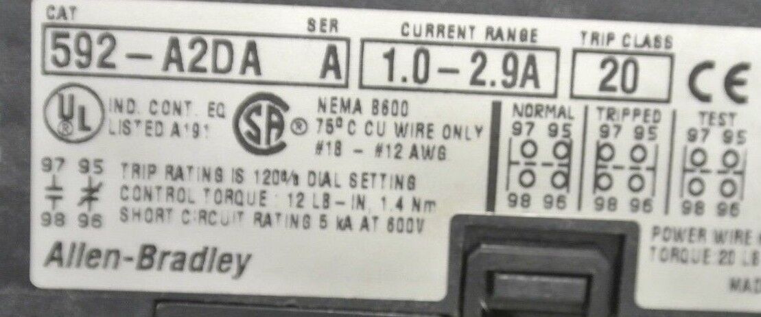 ALLEN-BRADLEY 592-A2DA OVERLOAD RELAY / 1.0-2.9A / TRIP CLASS 20