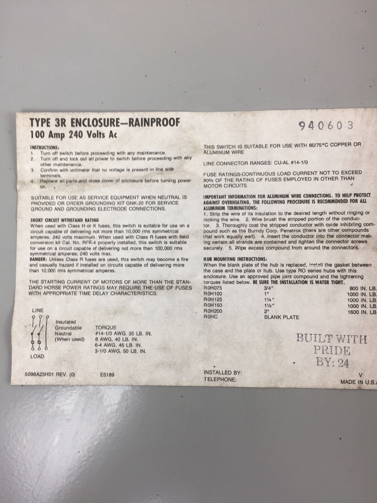 WESTINGHOUSE RGFN323N TYPE 3R RAINPROOF 100 AMP 240 VAC SAFETY SWITCH
