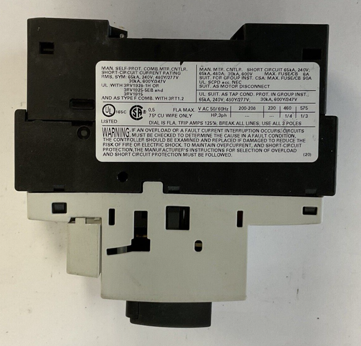 SIEMENS 3RV1021-0FA15 MOTOR STARTER 50/60HZ 600V 0.5-0.35A 6KV 6.5A ***LOTOF2***