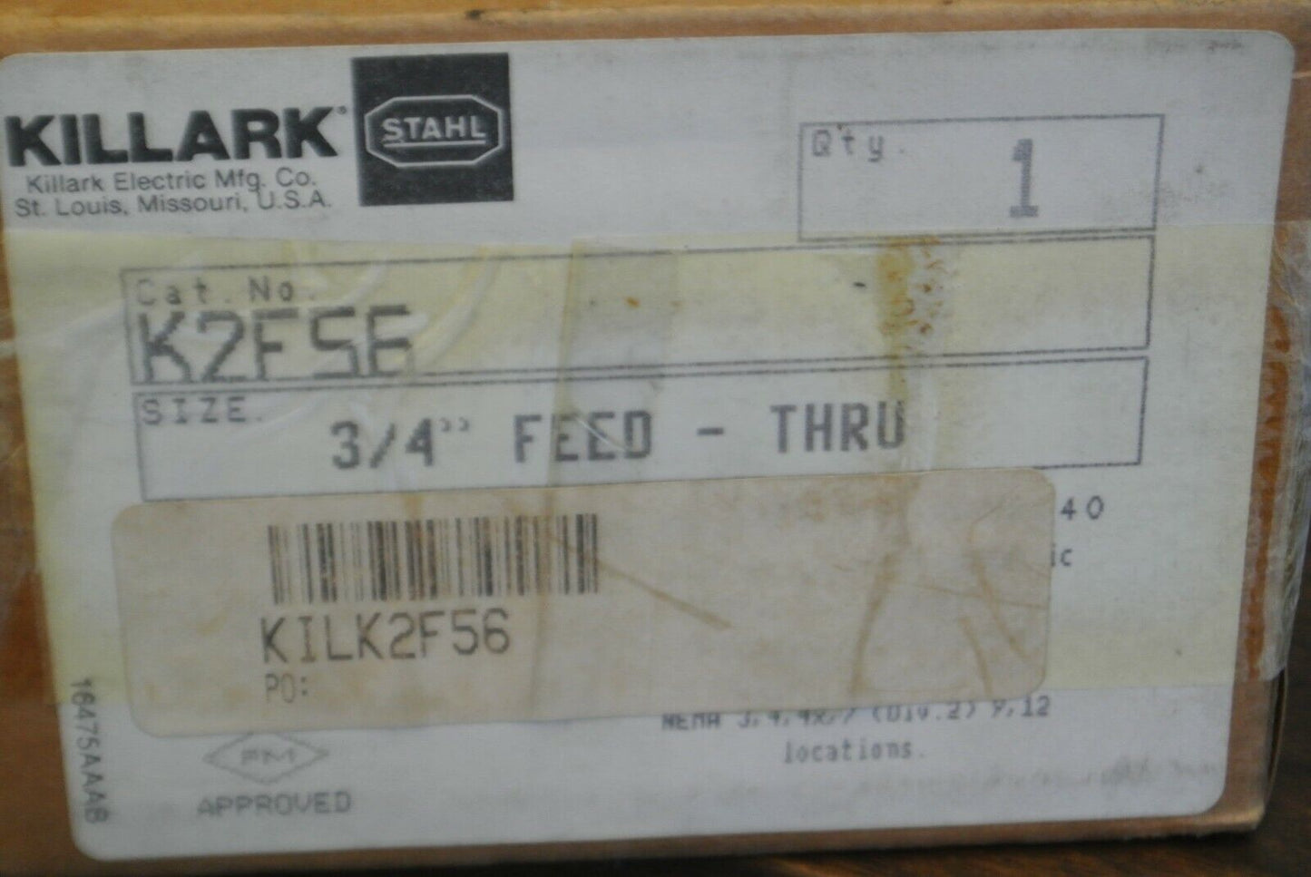 KILLARK K2F56 / STAHL / 8030/12 STOP-START SWITCH / 3/4" FEED-THRU / NEW SURPLUS