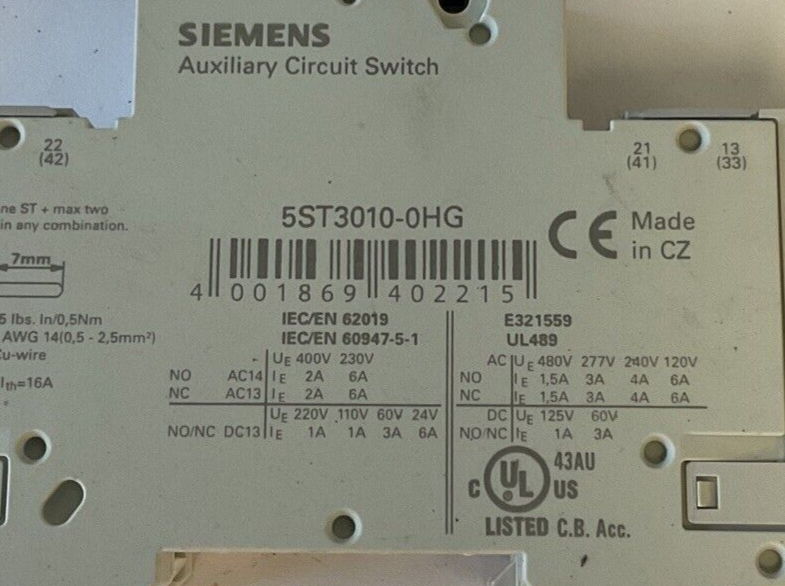 SIEMENS 5SJ4101-7HG41 CIRCUIT BREAKER 6A AUXILIARY CIRCUIT SWITCH