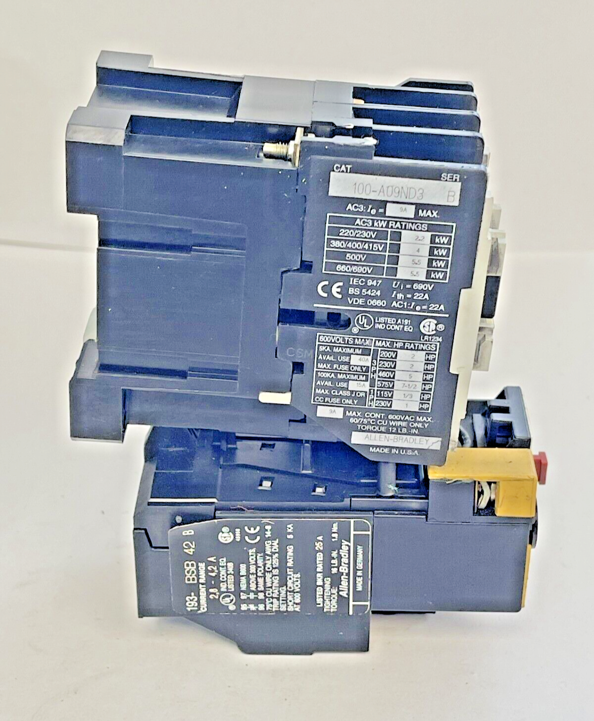 ALLEN BRADLEY - 100-A09ND3 SER. B CONTACTOR & 193-BSB 42 SER. B RELAY