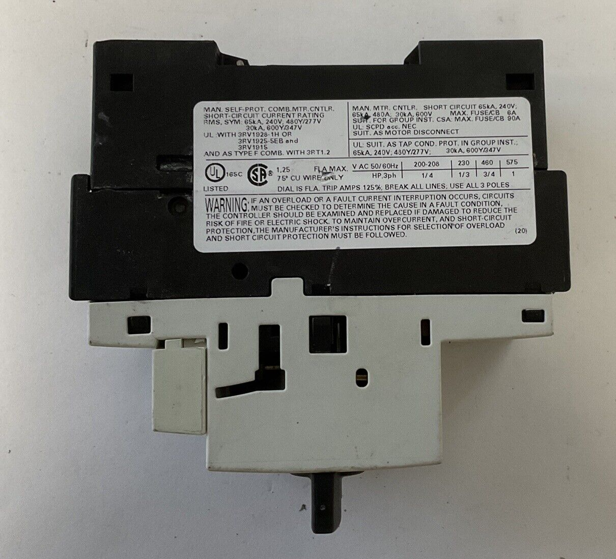 SIEMENS 3RV1021-0KA15 MOTOR STARTER 50/60HZ 600V 1.25-0.9A 6KV 16A