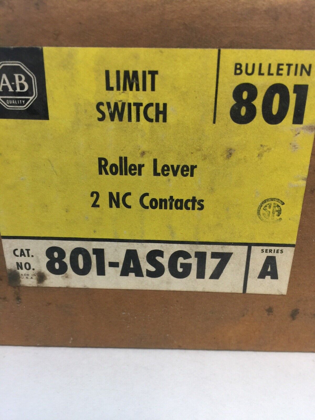 ALLEN BRADLEY 801-ASG17 LIMIT SWITCH ROLLER LEVER 600V AC/DC 2 NC CONTACTS