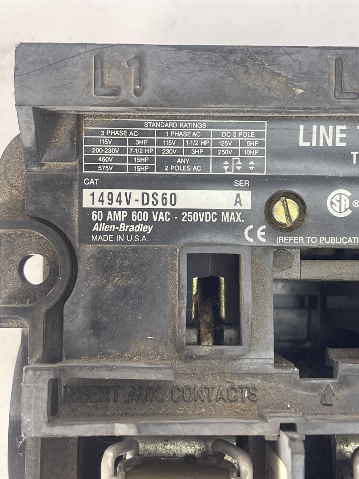 ALLEN BRADLEY 1494V-DS60 DISCONNECT SWITCH 60A 600VAC 250VDC 50HP LPJ-40SP FUSES