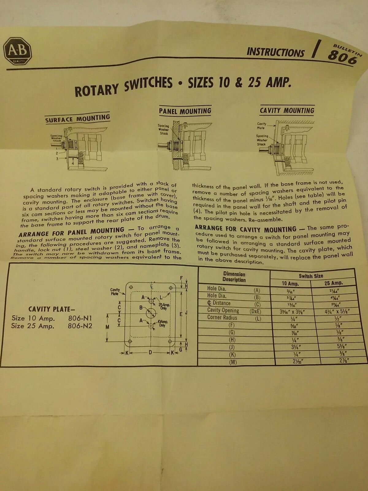 ALLEN BRADLEY BULLENTIN 806 H941825-1 SER. A, ROTARY PILOT SWITCH, 2 CIRCUITS