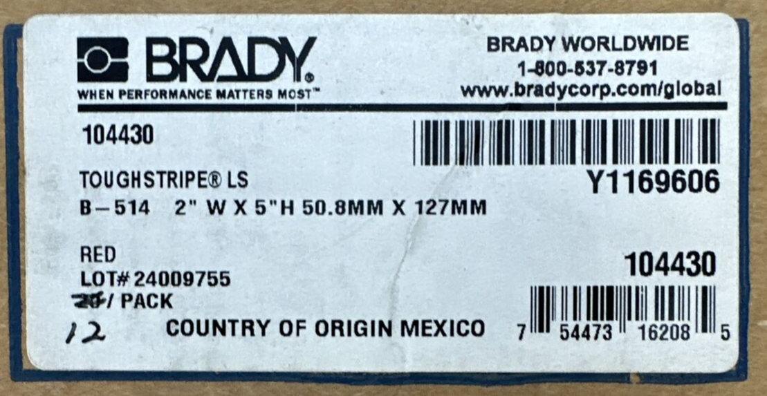 BRADY 104430 B-514 RED TOUGHSTRIPE Ls 2" W X 5" H 50.8MM X 127MM (12 TOTAL Ls)