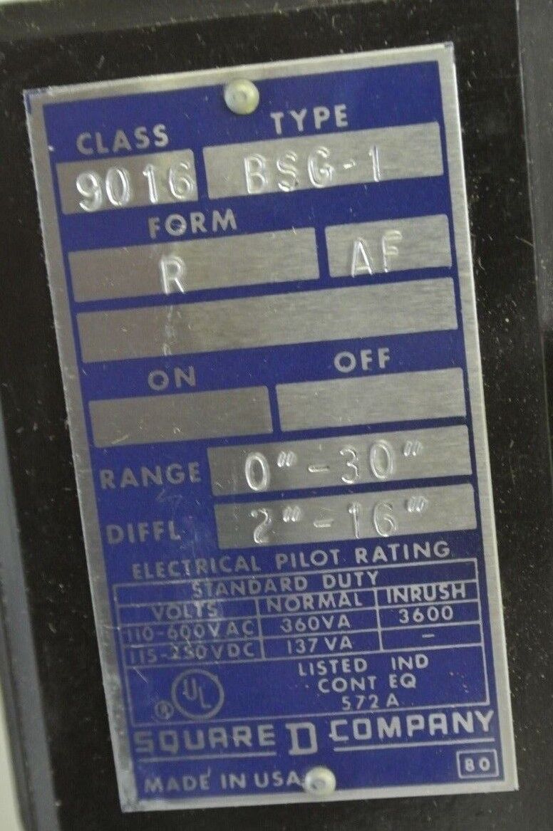 SQUARE D 9016 BSG-1 VACUUM SWITCH - OPEN - 3", CLOSE 7" - NEW SURPLUS