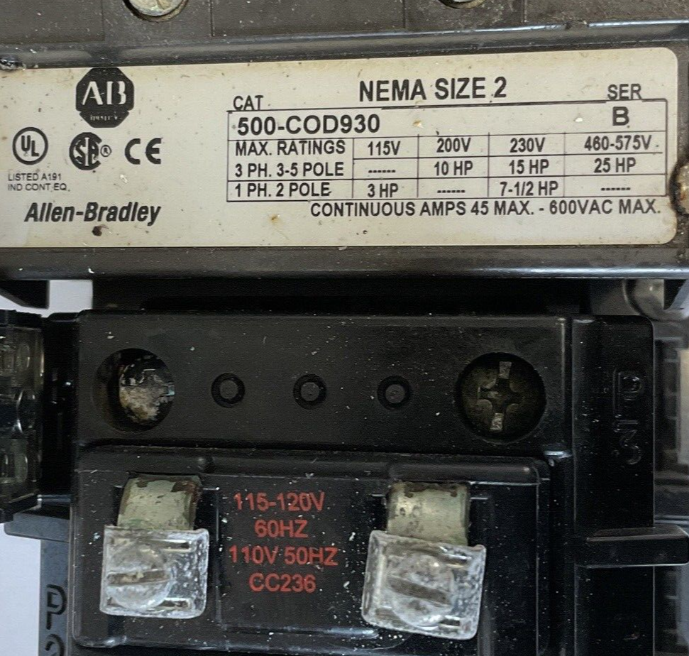 ALLEN BRADLEY 500-COD930 CONTRACTOR NEMA SIZE 2 SER.B 600VAC 25HP 45A