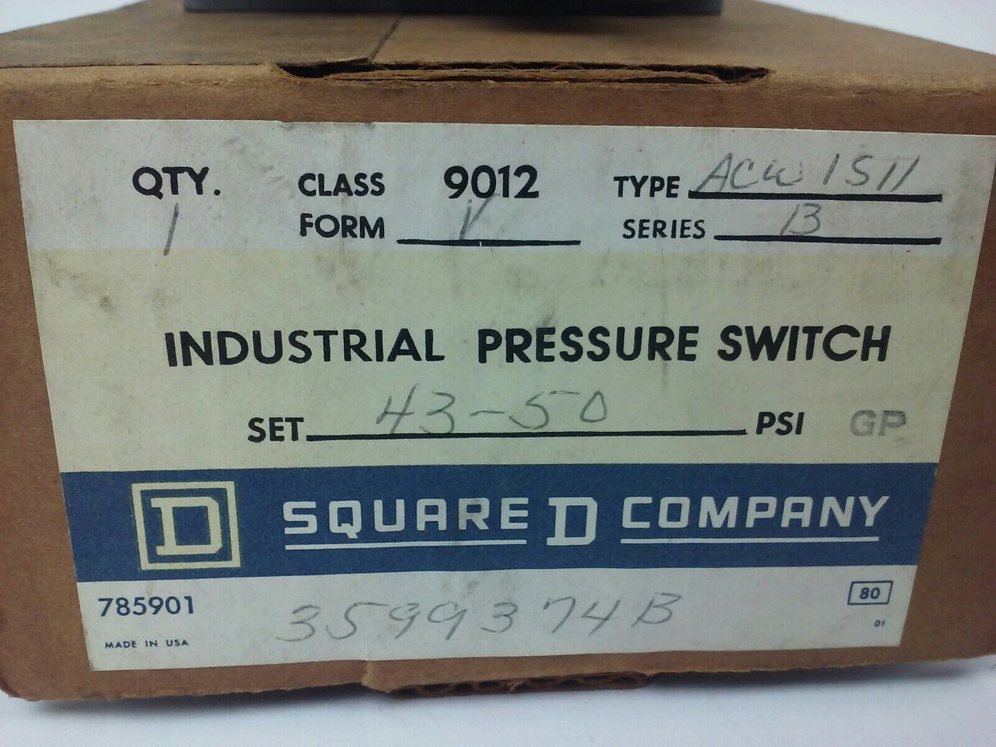 SQUARE D 9012 ACW1S11 SER.B, PRESSURE SWITCH, SET 43-50 PSI, FORM V, 9012 ACW1
