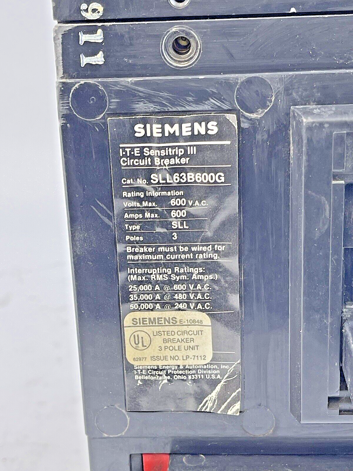 SIEMENS - SLL63B600G - CIRCUIT BREAKER -600 AMP, 600 VAC, 3 POLE, ITE SENSITRIP