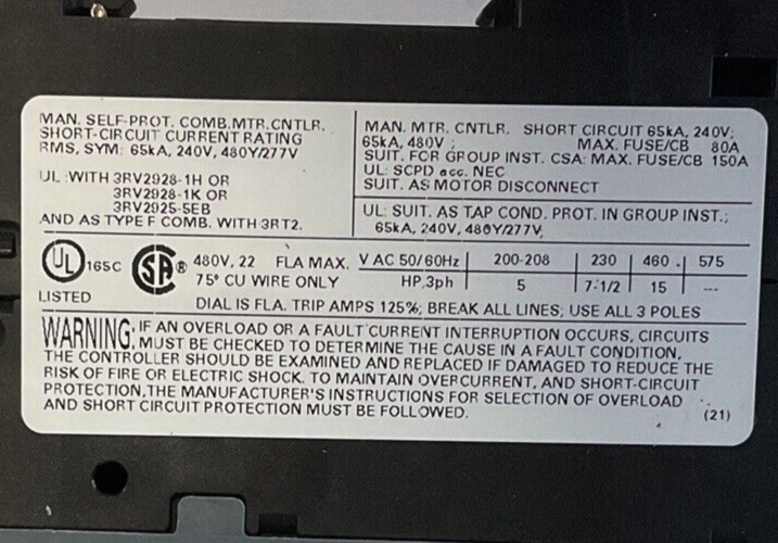 SIEMENS 3RV2021-4CA10 MANUAL MOTOR STARTER