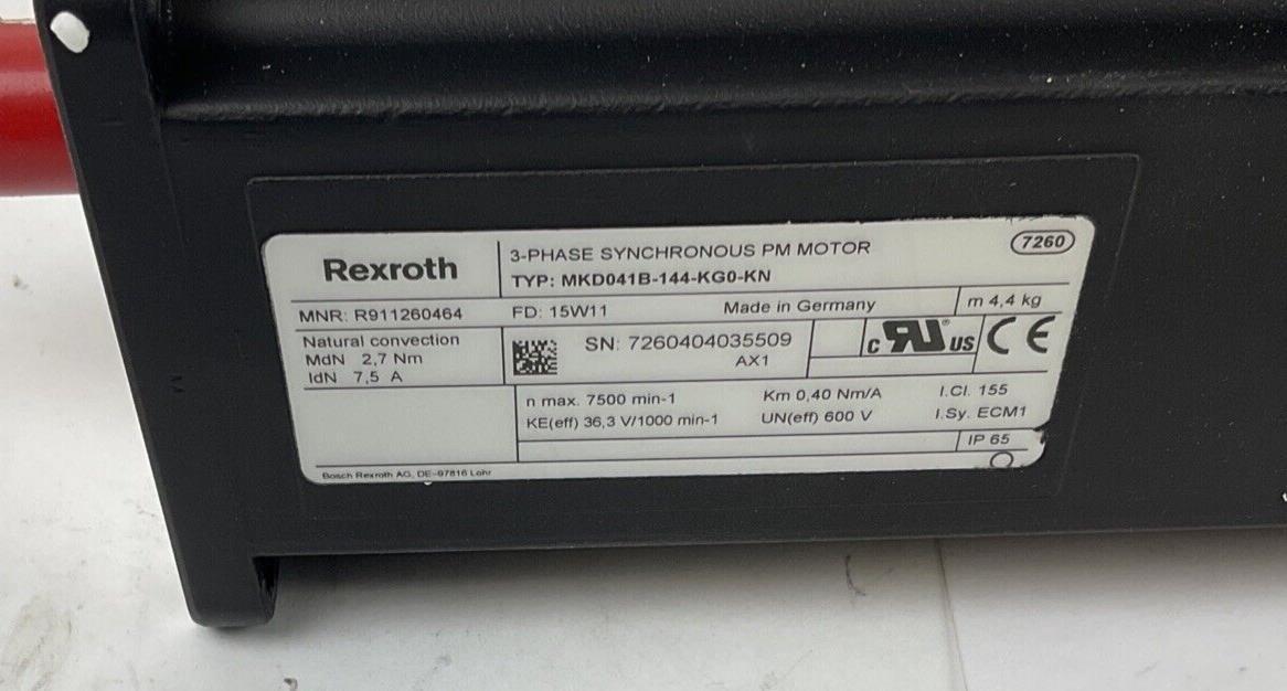 REXROTH R911260464 3-PHASE SYNCHRONOUS PM MOTOR MKD041B-144-KG0-KN 600V