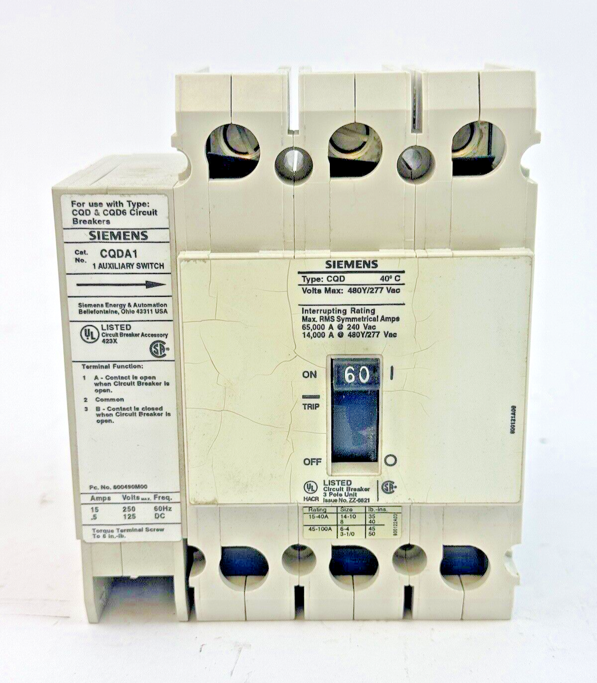 SIEMENS - CQD360AD - BREAKER (CQD360 W/ CQDA1 AUX SWITCH) - 3 POLE/60A/480 VAC