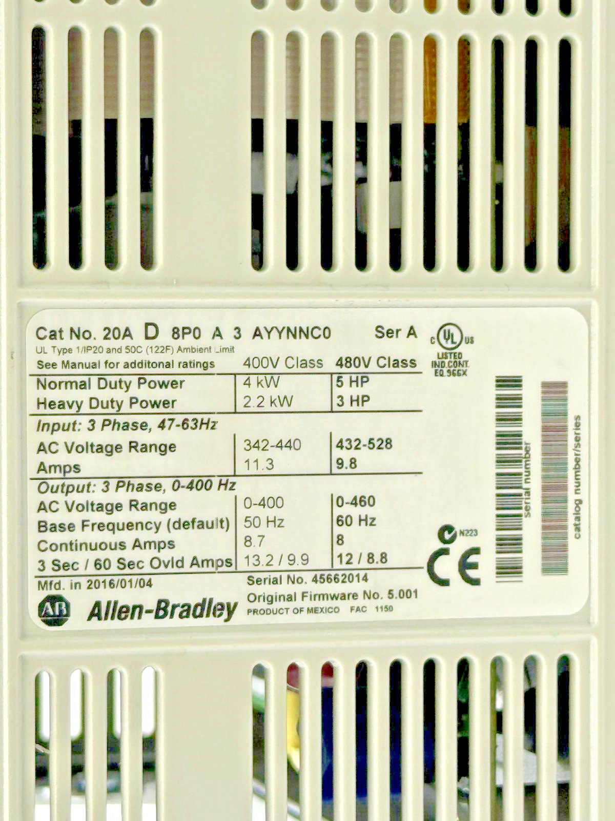 ALLEN-BRADLEY - 20AD8P0A3AYYNNC0 SER. A FW. 5.001 - POWERFLEX 70-480 VAC/3 PHASE